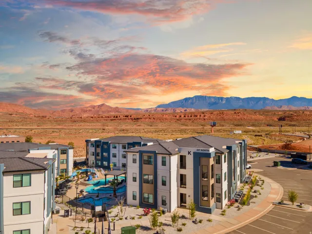Modern multi-story apartment buildings with contemporary facades