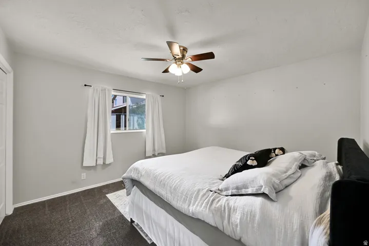 Bright bedroom with neutral wall tones and dark carpeting