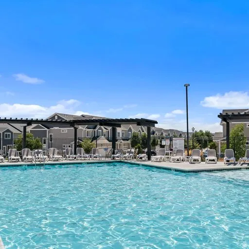 Outdoor swimming pool with surrounding concrete deck, lounge chairs, and pergolas