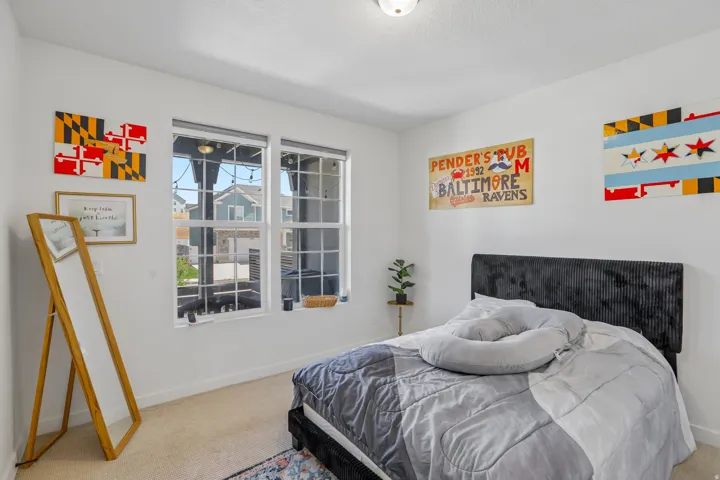 Two double-hung windows with white trim, a flush-mount ceiling light fixture, and neutral-toned wall-to-wall carpeting