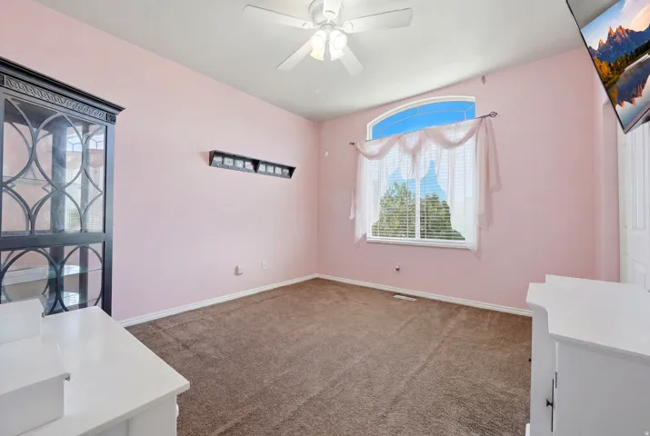 Wall-to-wall carpeting and arched window with blinds