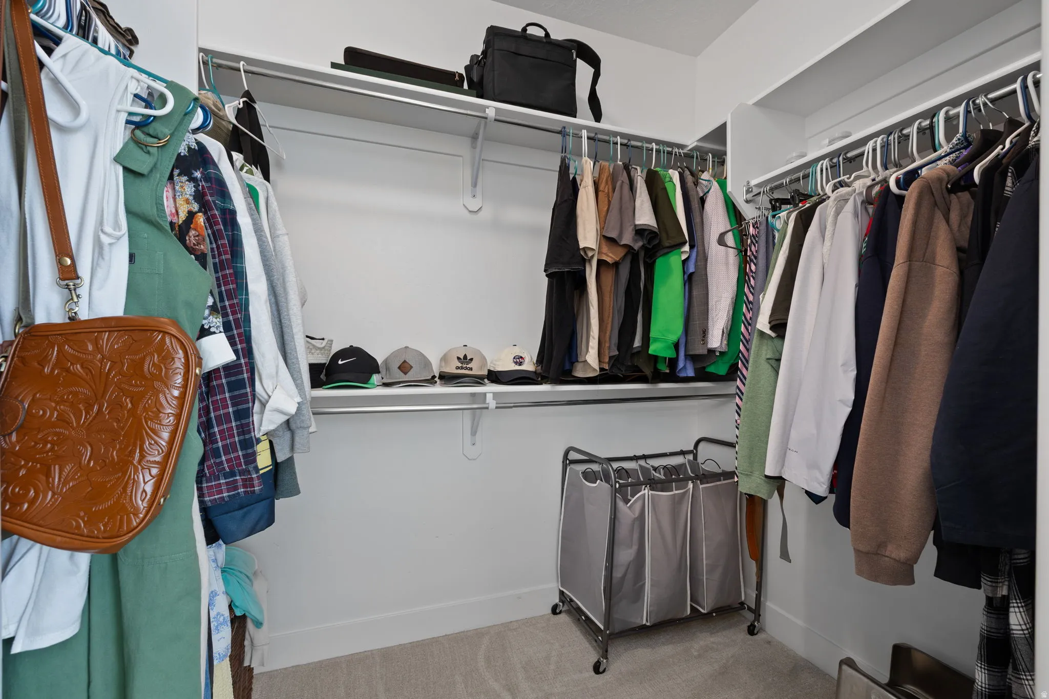 Walk-in closet featuring white walls, a light-colored carpeted floor, and multiple shelving and hanging rod systems