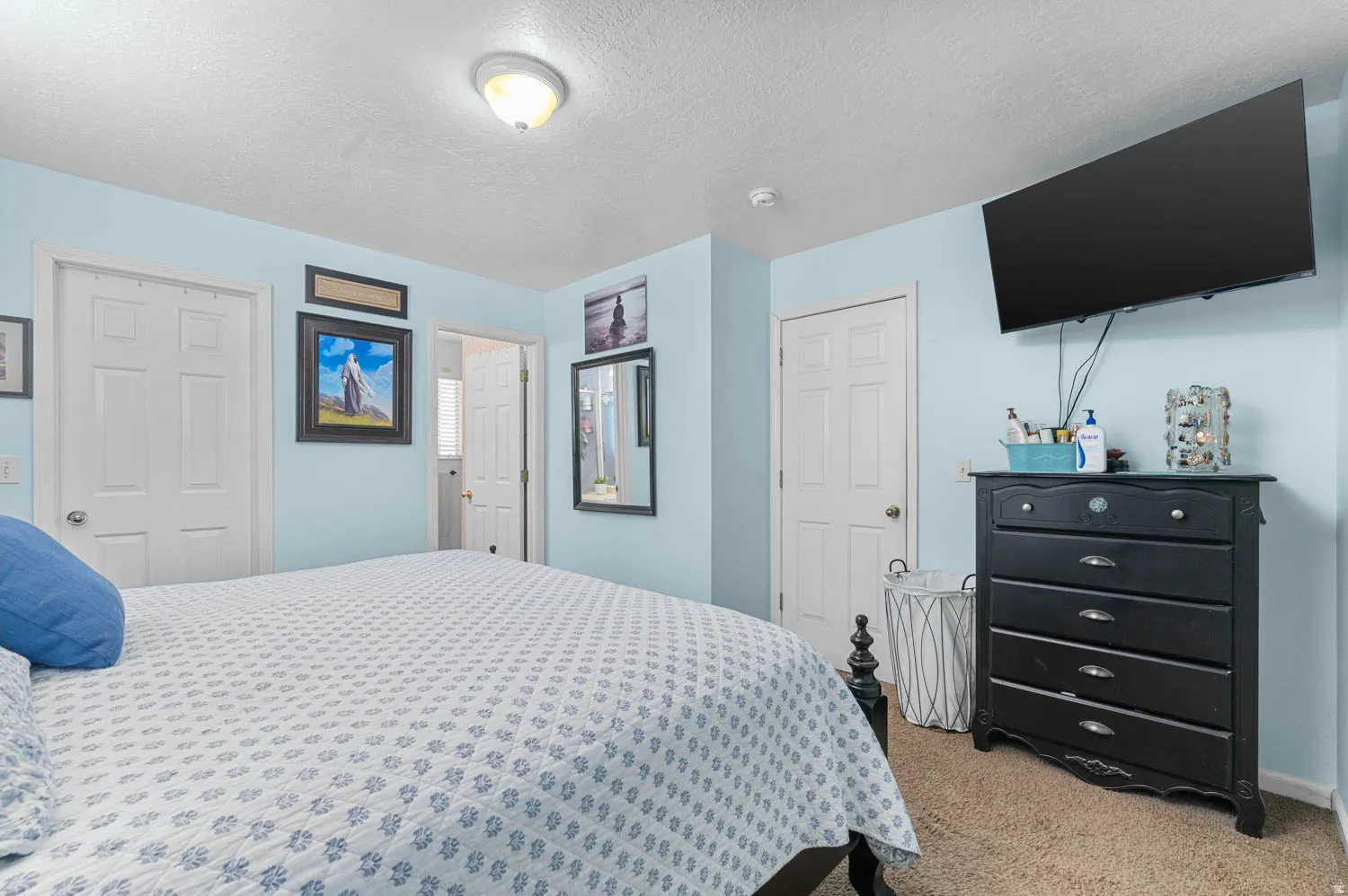 Carpeted room featuring a ceiling-mounted light fixture, white interior doors, and a wall-mounted television
