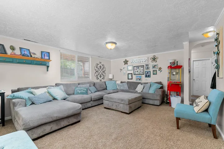 Carpeted living area featuring a large window with blinds, recessed ceiling lighting, and an arched entry