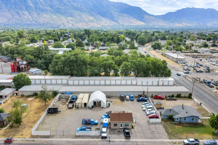 Aerial perspective showcasing a commercial property with multiple buildings