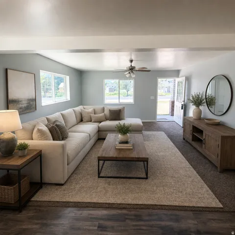 Spacious living area featuring light blue walls, multiple windows providing natural light, a ceiling fan, and a wood-finish flooring entry