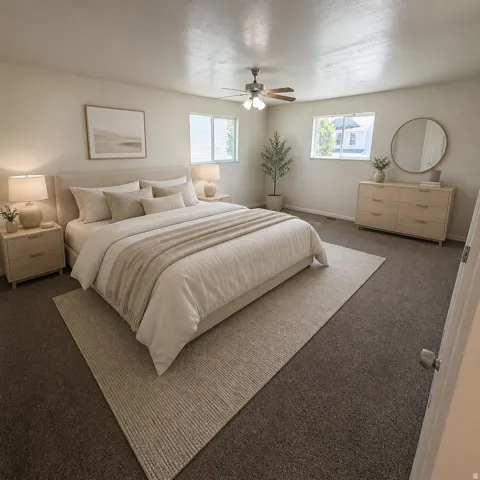 Spacious room featuring broadloom carpet, multiple windows with blinds, and a ceiling fan with integrated lighting
