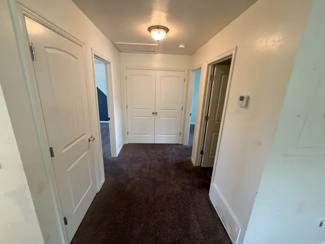 Hallway featuring white paneled doors, dark brown carpeting, and a flush-mount ceiling light fixture