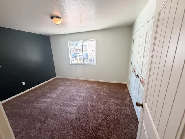 Windowed room featuring brown carpet, a partial dark accent wall, and a white ceiling light fixture