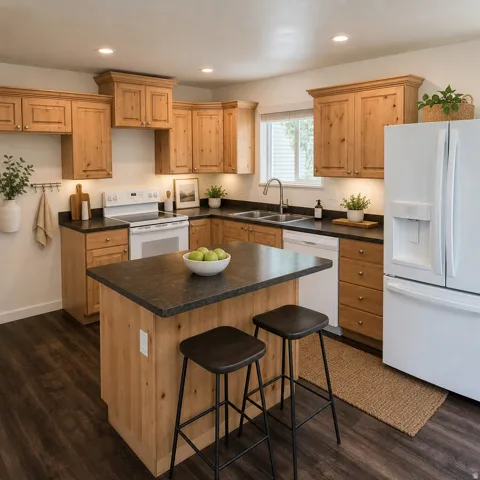 Kitchen featuring wood-finish flooring, natural wood cabinetry, a central island with countertop seating, and a white appliance package including a refrigerator, range, and dishwasher