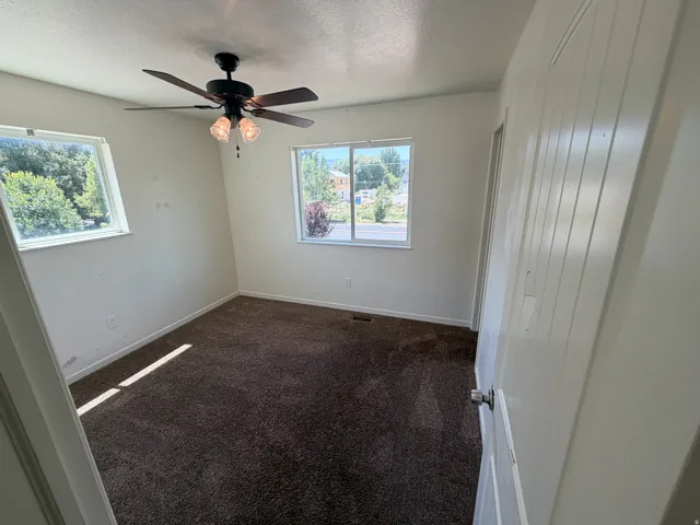 Room featuring dark brown carpet, a ceiling fan with integrated lighting, and two windows providing natural light