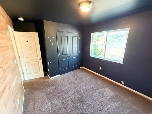 Room featuring a light wood-finish accent wall, dark painted walls, and dark carpet