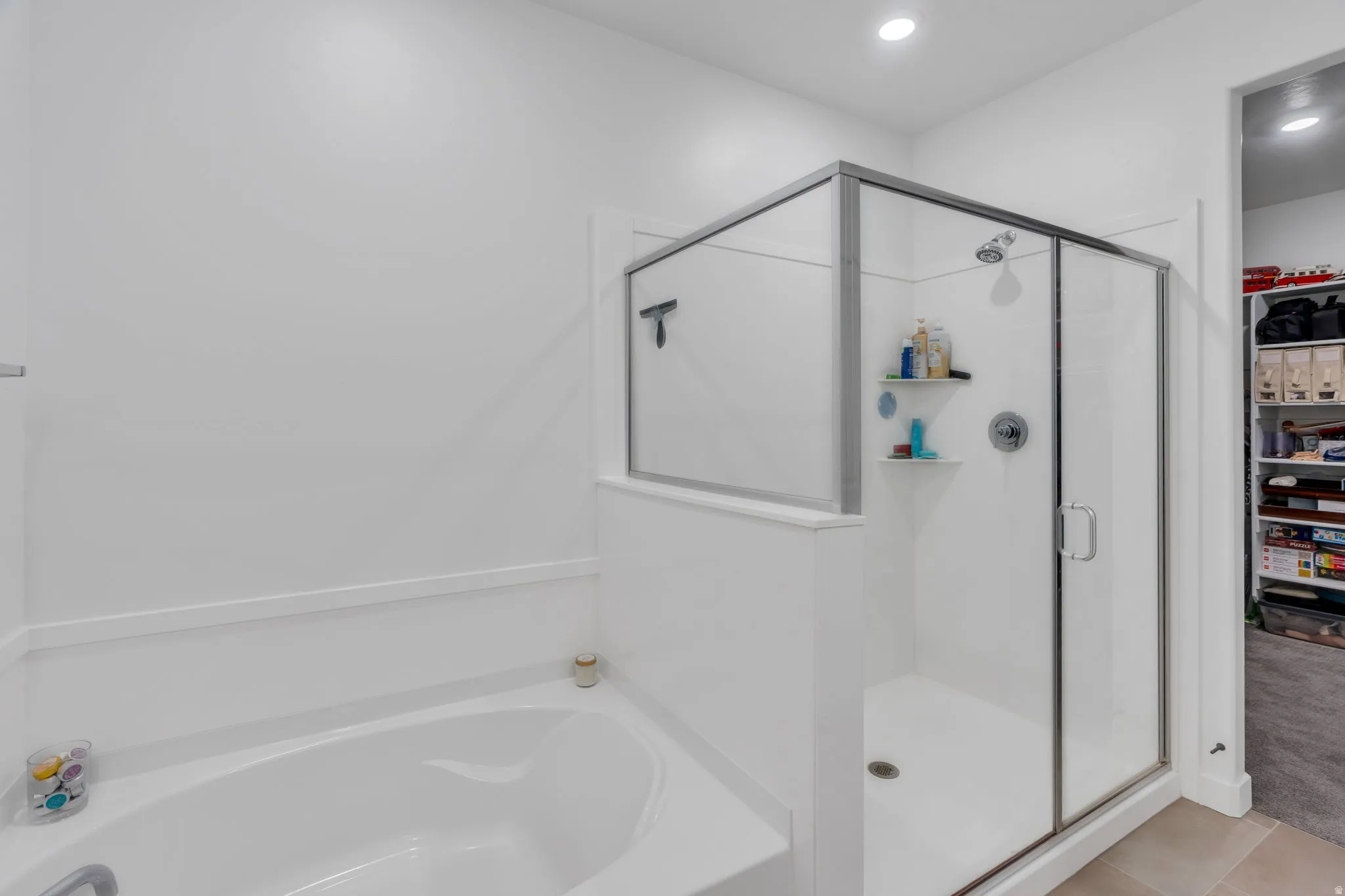 Walk-in shower with a glass enclosure, built-in shelving, and a separate soaking tub