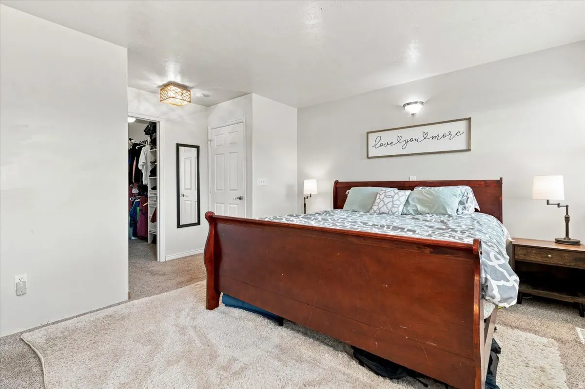Carpeted room featuring a ceiling-mounted light fixture, white walls, and a separate closet area