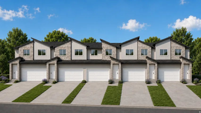 Contemporary townhome exteriors featuring varied stone and siding finishes