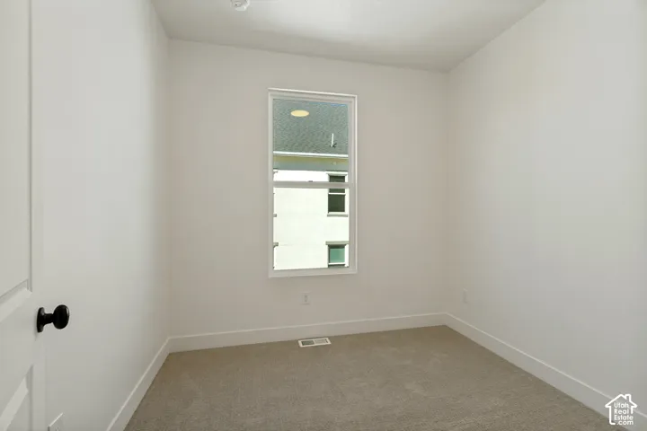 Neutral-toned carpeting, white walls, and a single window with white trim