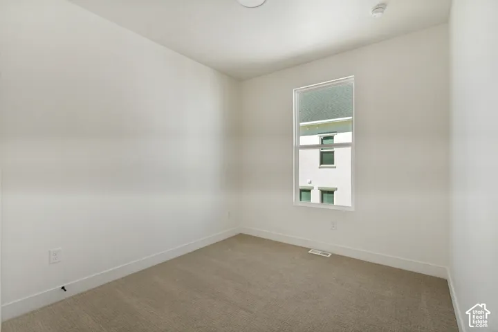 Neutral tone wall paint, carpeted flooring, and a single window