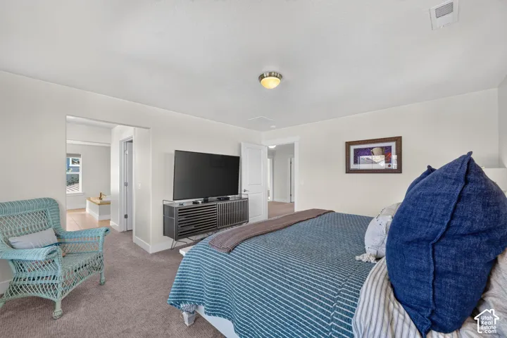 Carpeted bedroom featuring neutral wall finishes and a built-in ceiling light fixture