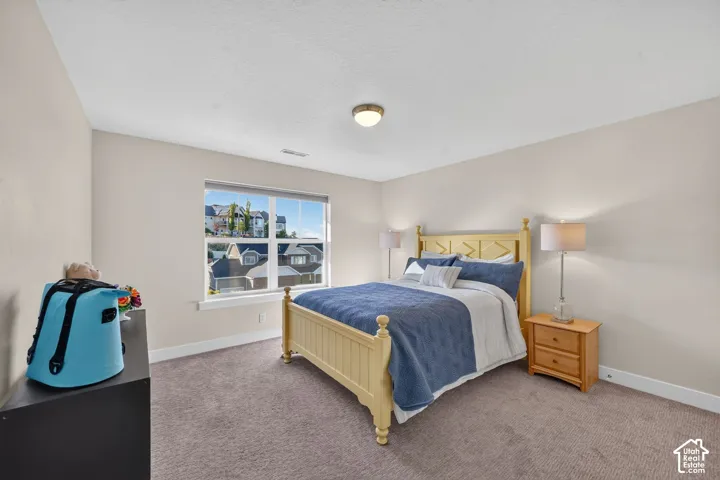 Bedroom featuring neutral tone carpeting and light-colored walls