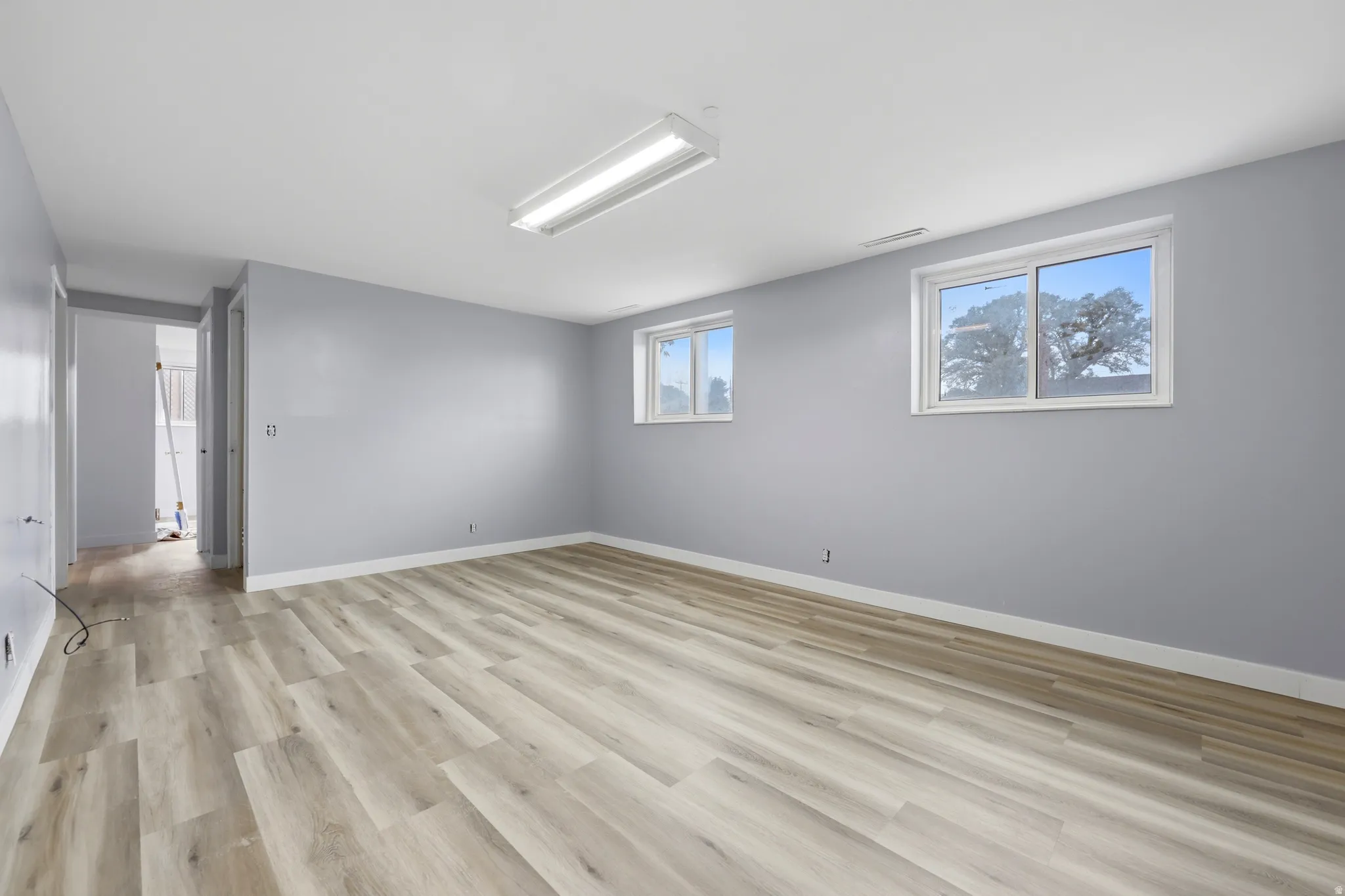 Spacious room with wood-finish flooring, light gray walls, white trim, and two windows