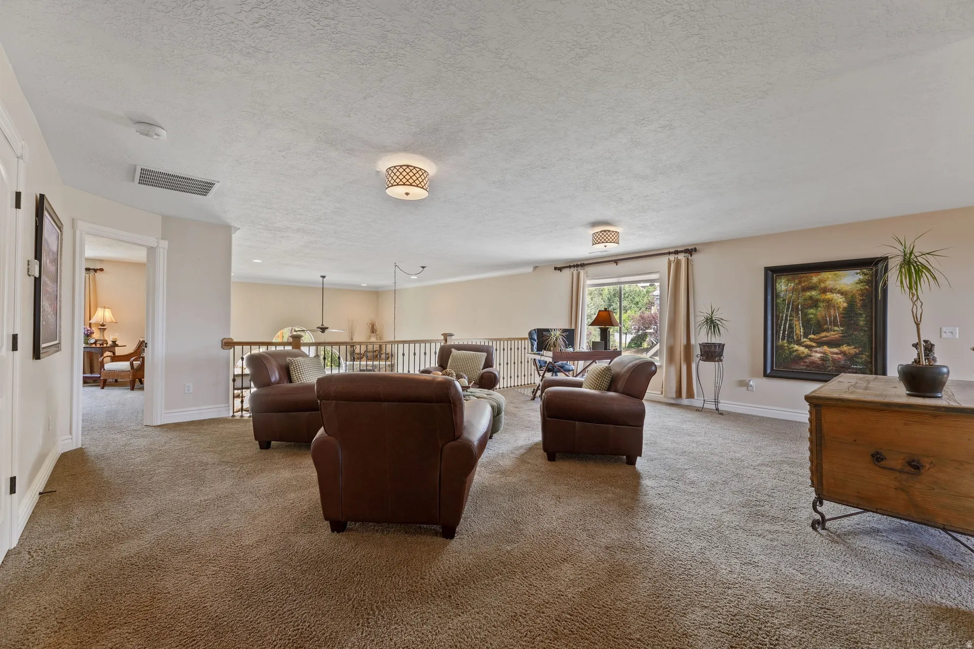 Open loft area featuring carpet flooring, natural light, and a white baluster railing overlooking the floor below
