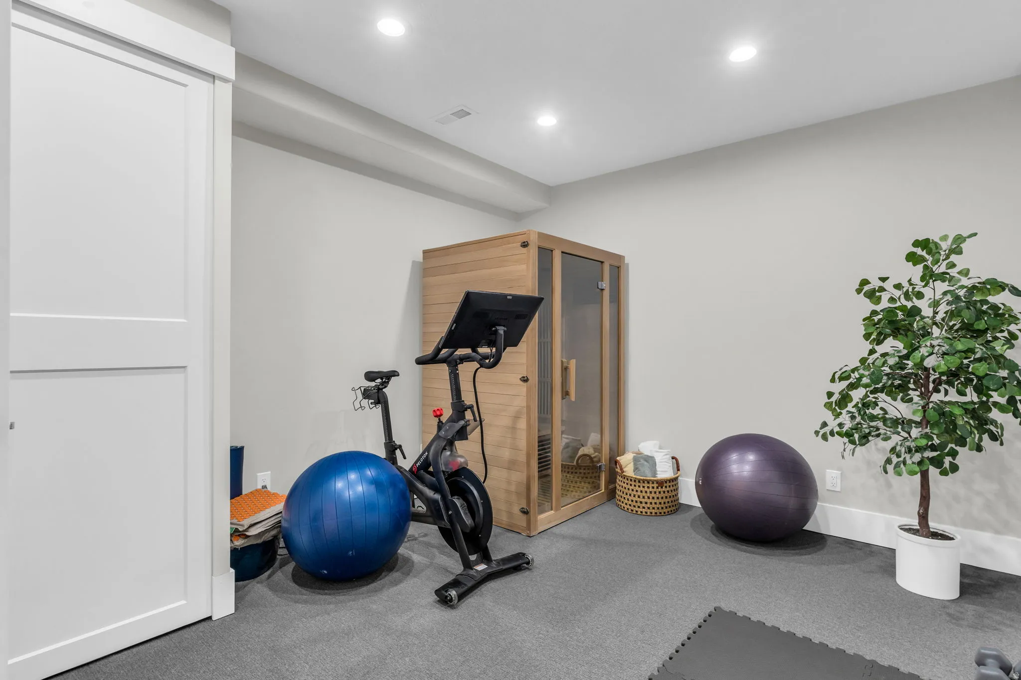 Dedicated wellness space featuring a built-in sauna, neutral wall paint, recessed lighting, and grey carpet flooring