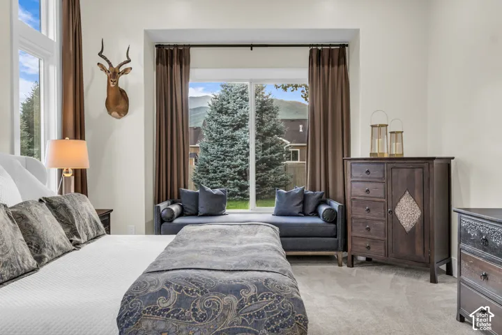 Plush carpeting throughout with a window seat