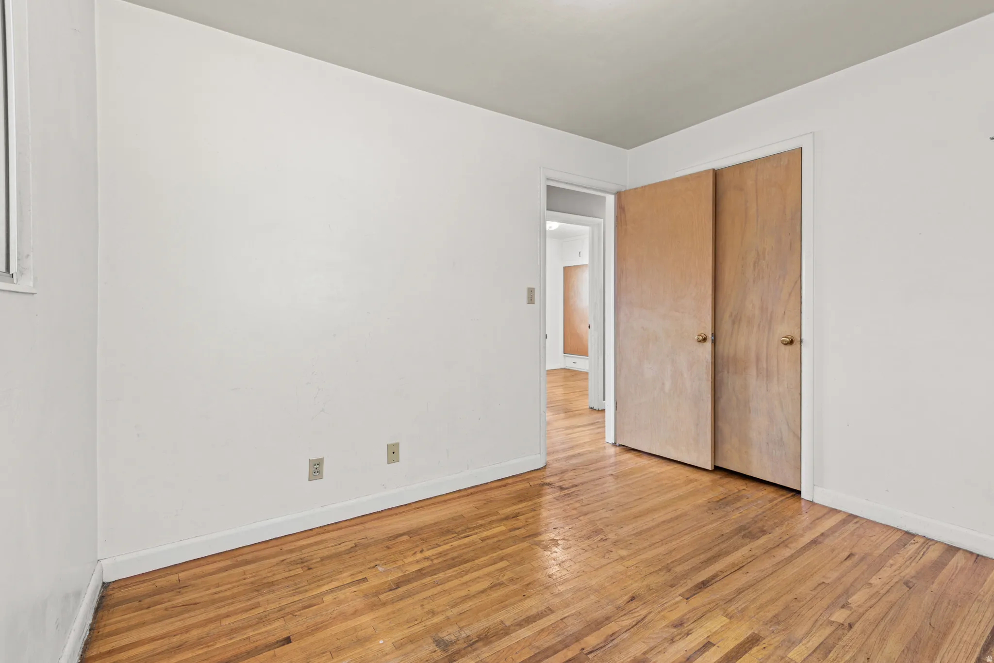 Room with wood-finish flooring, light-toned walls, and a window providing natural light