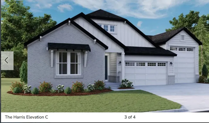 Modern farmhouse exterior featuring light gray brick, vertical white siding, black shingle roofing, and a two-car garage with transom windows
