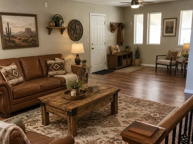 Open living area featuring wood-finish flooring, a ceiling fan with integrated lighting, multiple windows providing natural light, a white entry door, and dark metal stair balusters