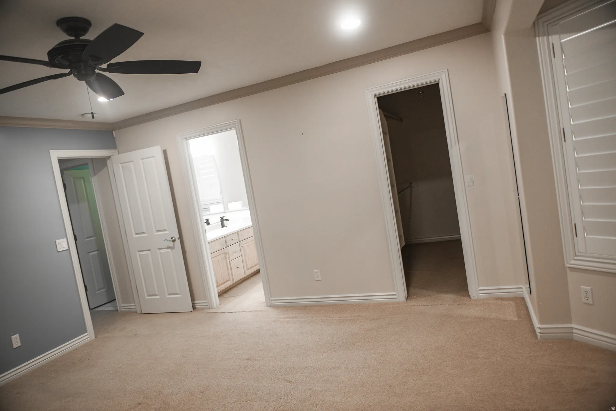 Carpeted room with crown molding and white baseboards