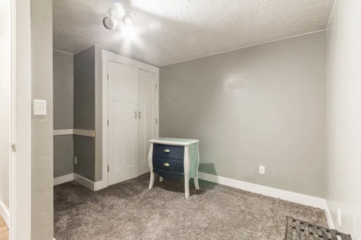 Neutral-toned room featuring a built-in closet with white panel doors, recessed ceiling lighting, and grey carpet flooring