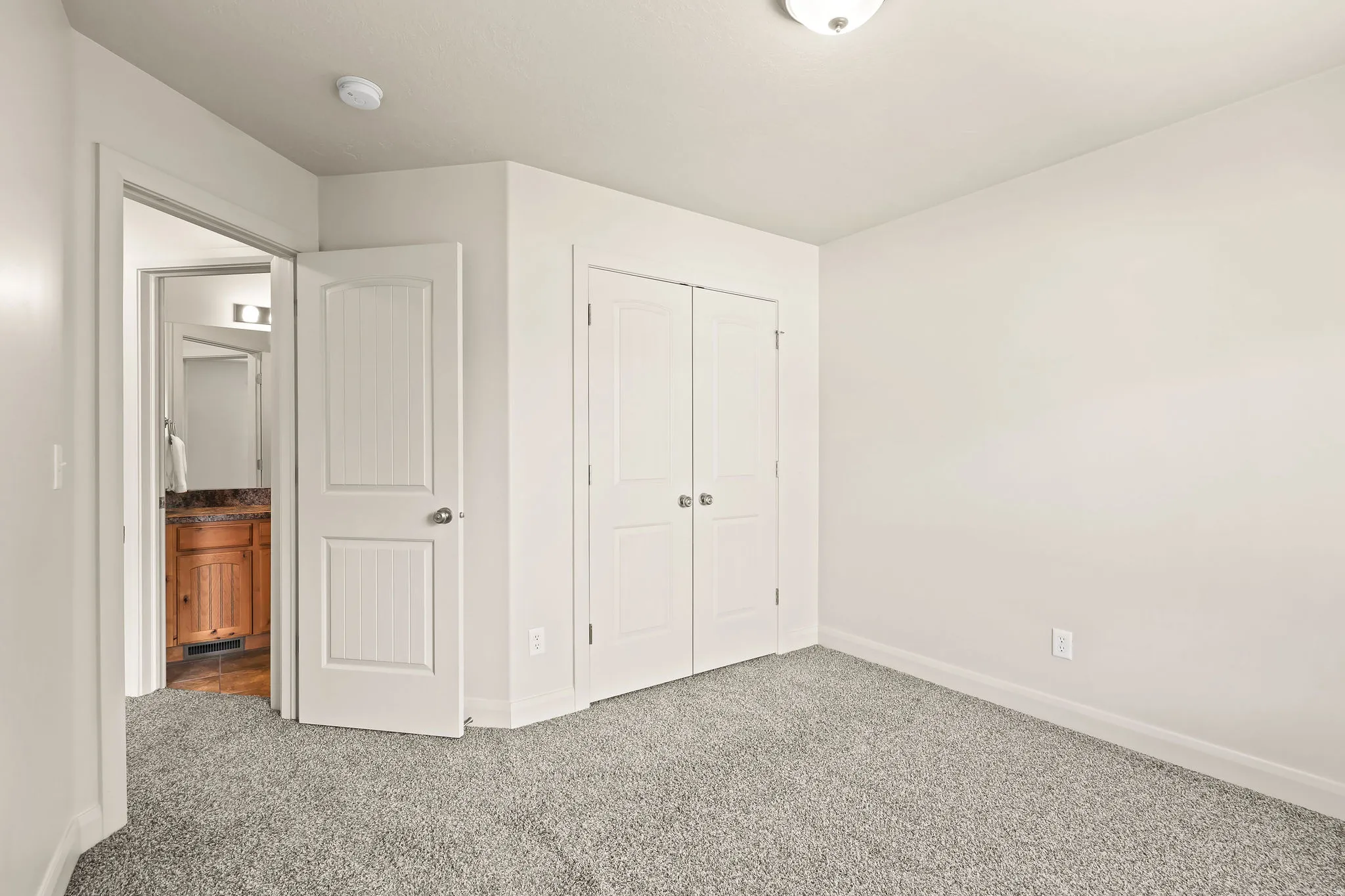Light gray carpeting throughout, white walls, and a recessed ceiling light create a neutral interior palette