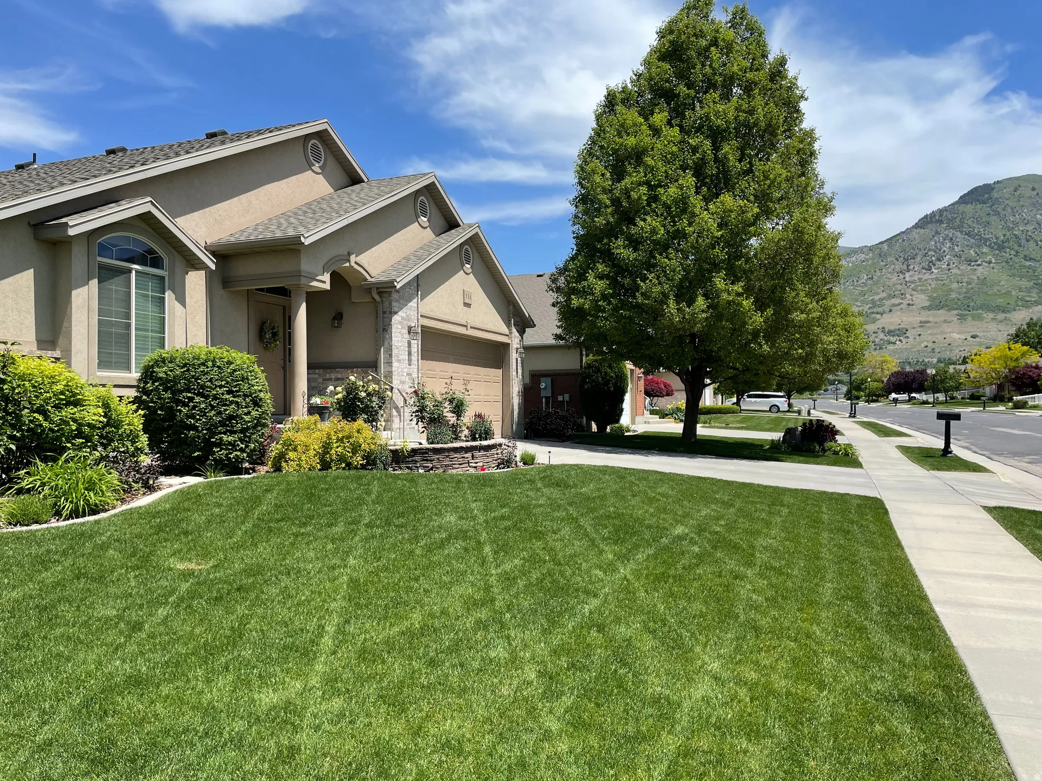 Spacious front yard with manicured lawn, stucco and stone exterior, arched windows, and an attached garage