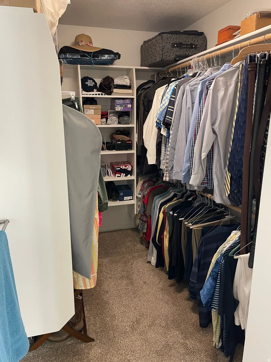 Walk-in closet featuring built-in shelving, multiple hanging rods, and neutral-toned carpeting