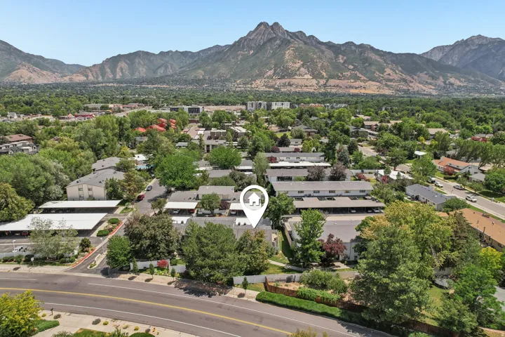 Aerial perspective showcasing multi-unit residential properties amidst mature trees and mountainous terrain
