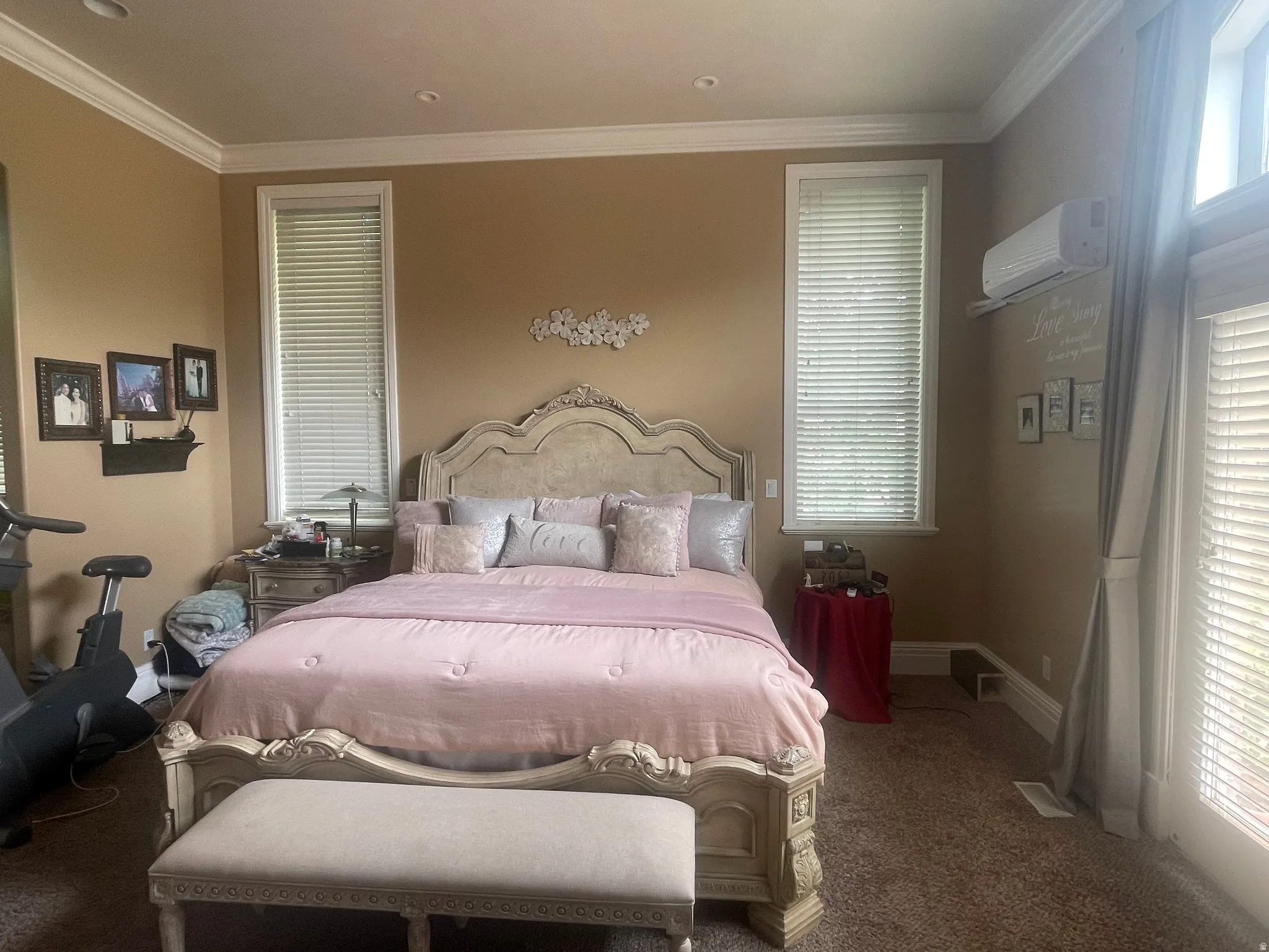 Spacious bedroom featuring multiple windows, crown molding, a built-in air conditioning unit, and textured carpeting