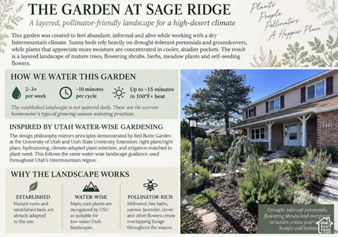 Landscape Design Details. Presenting information on drought-tolerant landscaping, watering practices, and plant selection for the property