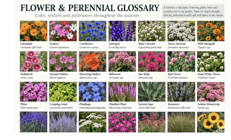 Flower & Perennial Glossary. Displaying various flowering plants and groundcovers suitable for the property's climate