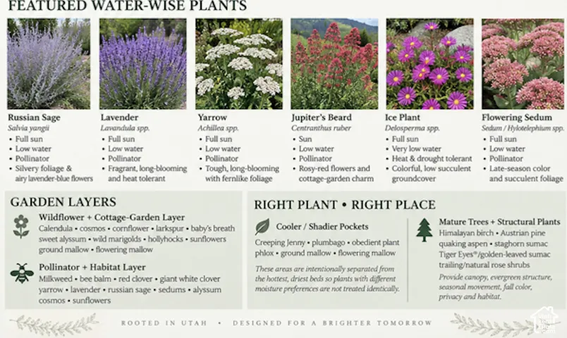 Displaying water-efficient plants, garden layers, and planting recommendations for the property