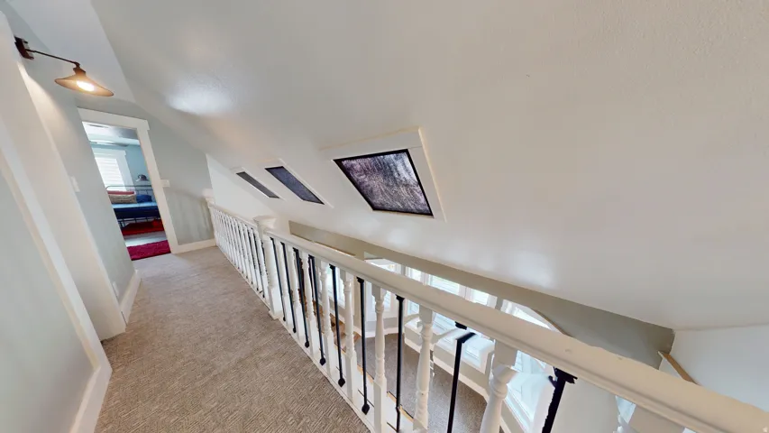 Upper level hallway featuring light-toned carpet, a white baluster railing, and three skylight windows
