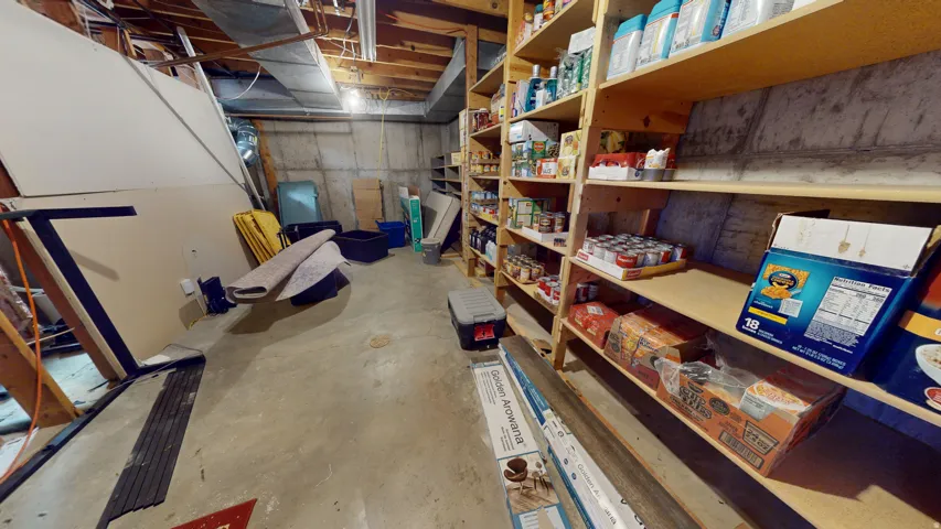Expansive basement utility space featuring a concrete floor and exposed wood ceiling joists
