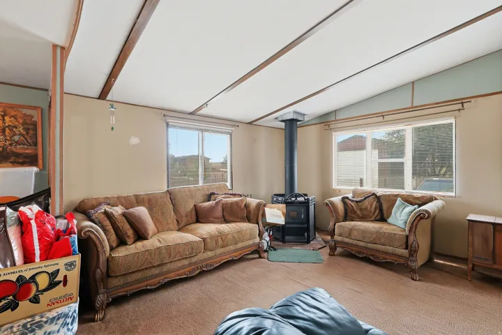 Living area featuring a wood-burning stove with a metal flue, neutral wall paint, and two windows allowing natural light