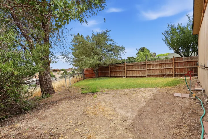 Expansive rear yard featuring a partial wood privacy fence, a mature tree, and a grassed area