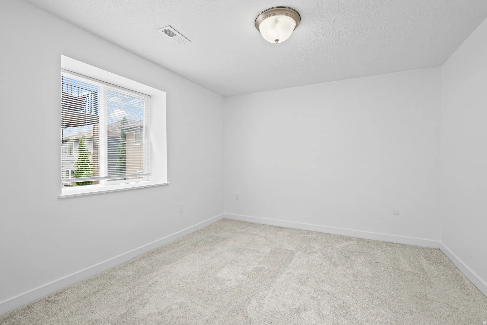 Bright room featuring light grey carpeting, white walls, and a single window with blinds