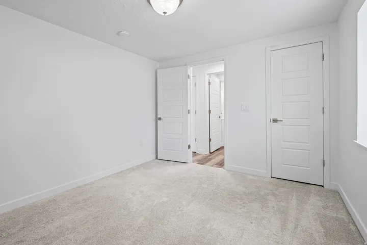 Carpeted interior space featuring white walls and trim