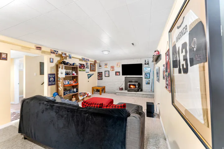 Entertainment room featuring light-colored walls and a drop ceiling