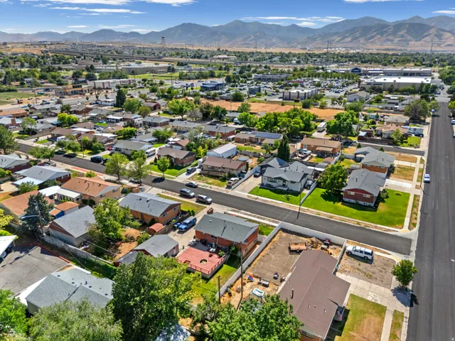 Aerial perspective showcasing a residential area with varied housing styles