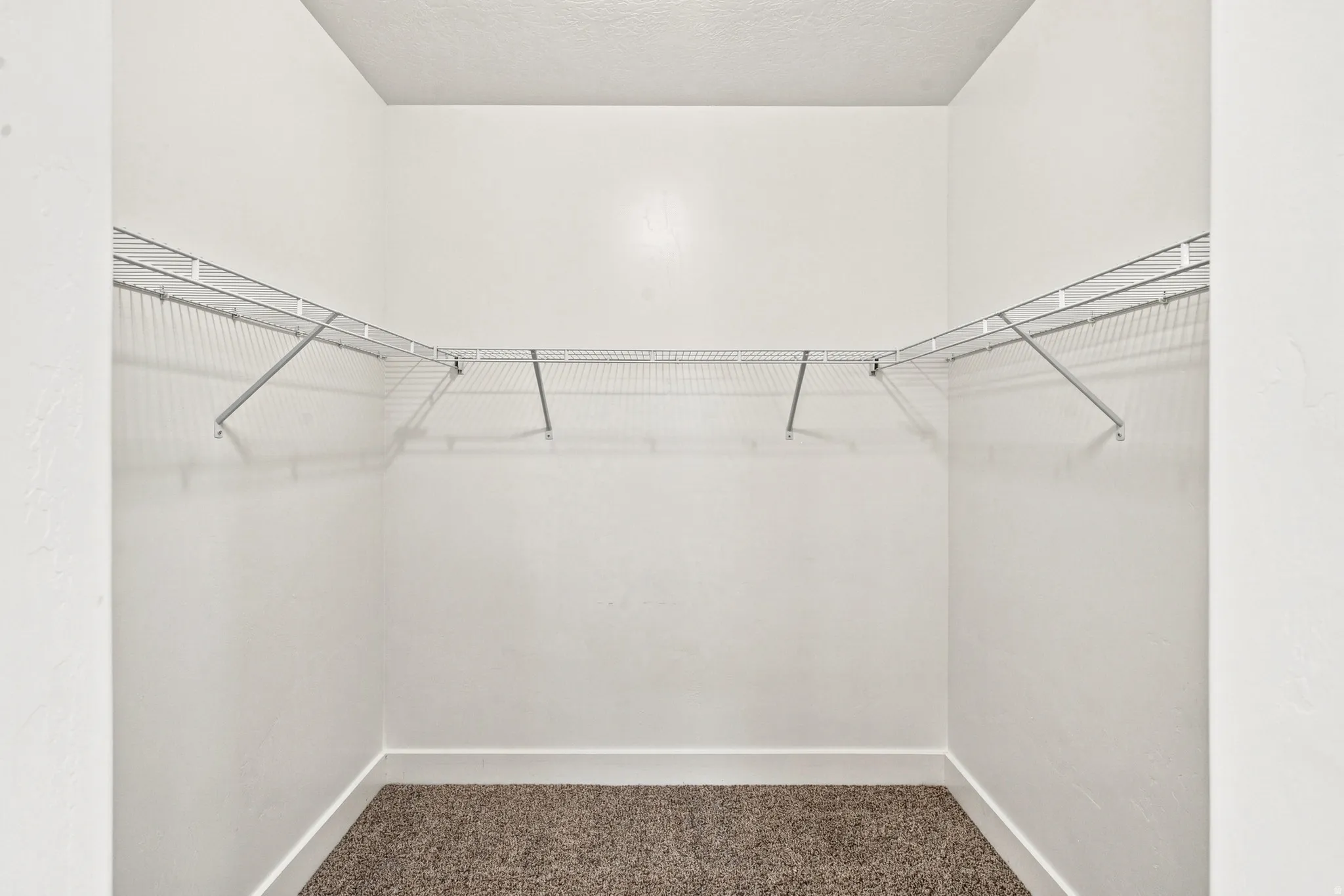 Walk-in closet featuring wire shelving, white walls, white baseboards, and carpet flooring