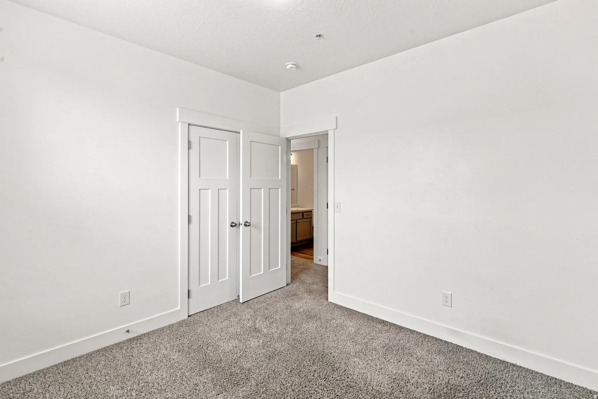 Carpeted room with white walls, featuring a pair of paneled doors with chrome hardware